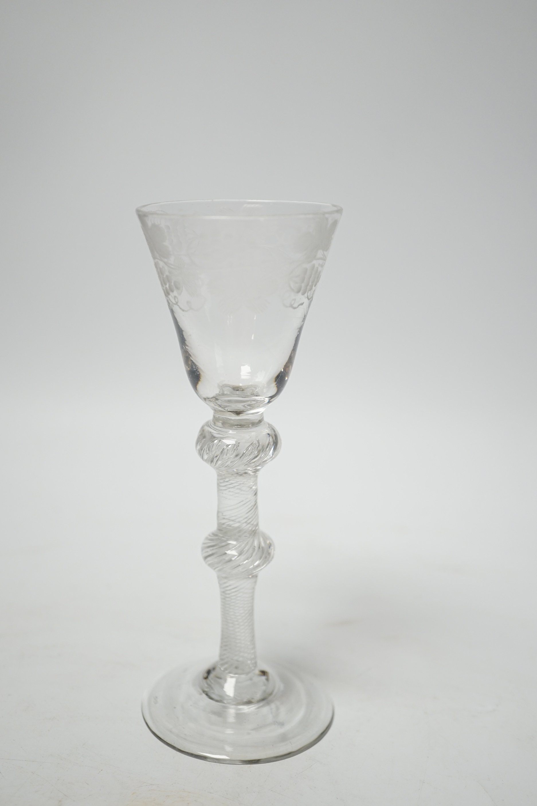 18th-century wine glass with air twist stem, double knop, engraved with fruiting vines, 15cm